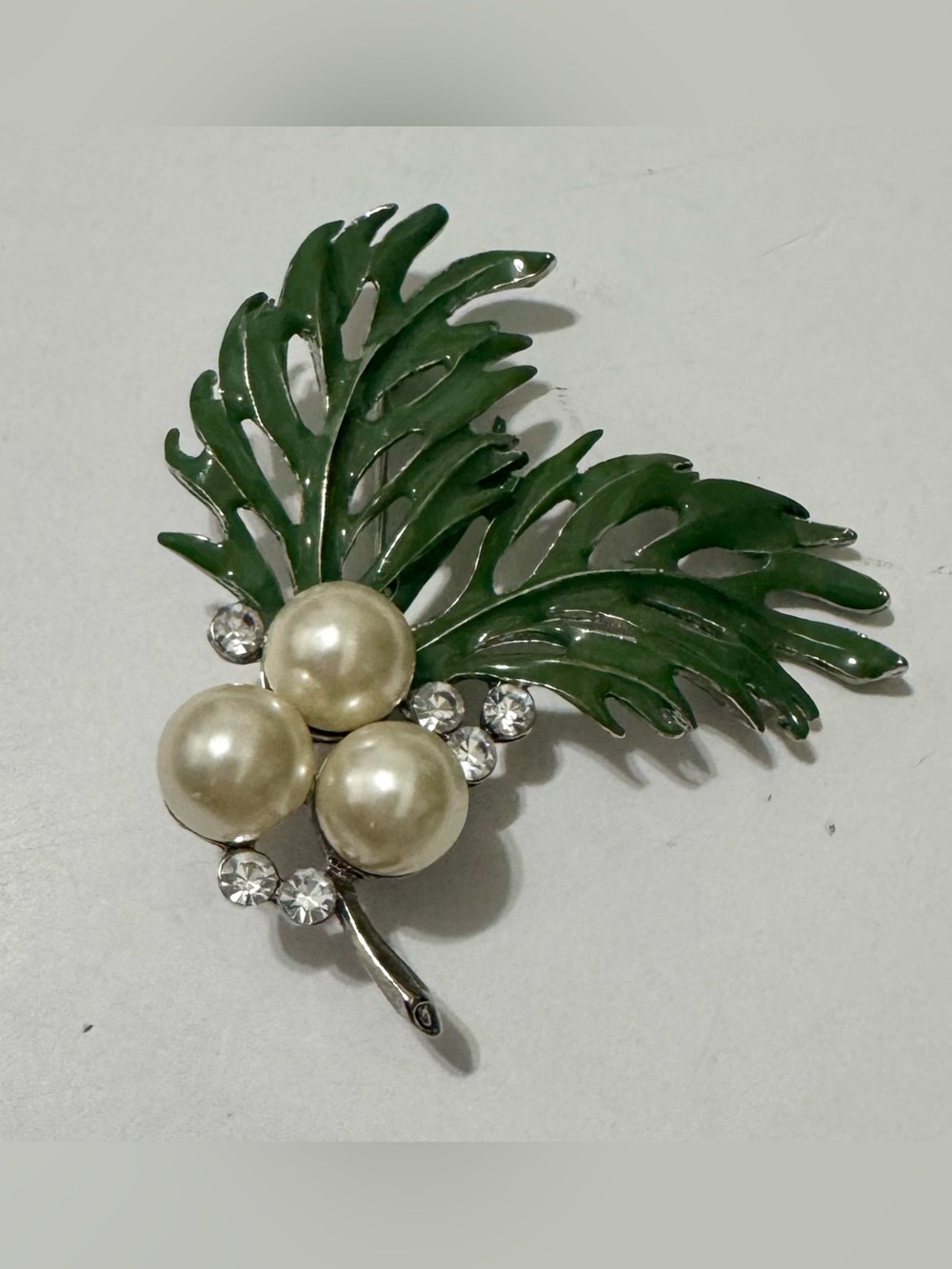 Vintage Green Enamel Leaf Brooch with Pearl Clusters